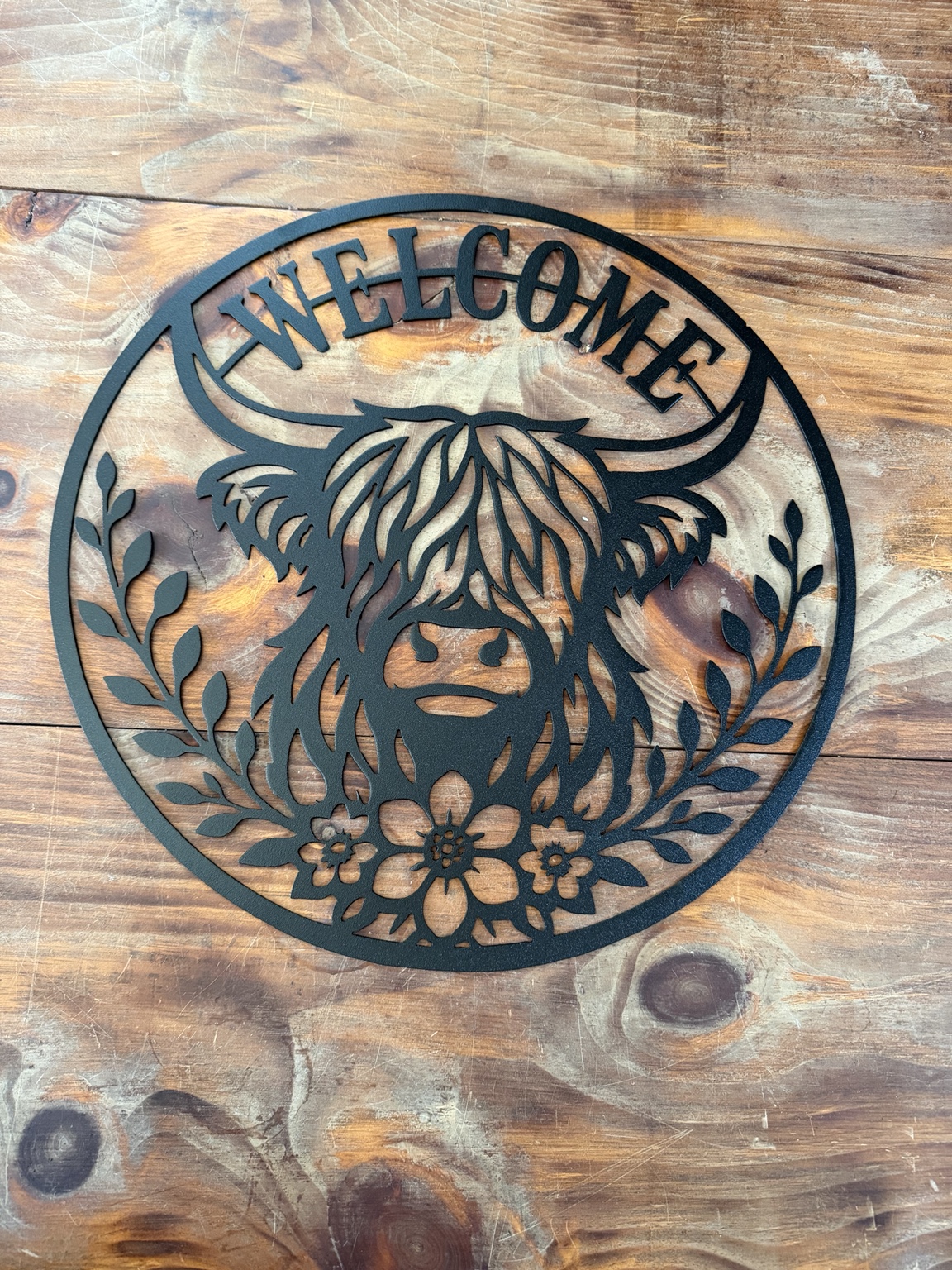 Highland cow welcome metal sign